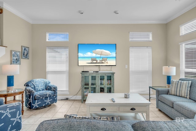 living room featuring light tile patterned floors, baseboards, plenty of natural light, and ornamental molding