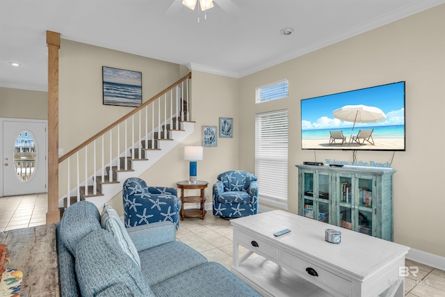 living room featuring stairs, light tile patterned flooring, baseboards, and ornamental molding