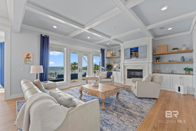 4029 Landfall Dr, Pensacola, FL 32507 - living area with visible vents, coffered ceiling, beamed ceiling, and light wood finished floors