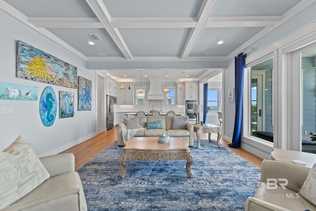 4029 Landfall Dr, Pensacola, FL 32507 - living area featuring visible vents, baseboards, beam ceiling, light wood-style floors, and coffered ceiling