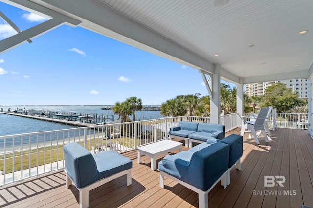 4029 Landfall Dr, Pensacola, FL 32507 - wooden deck featuring outdoor lounge area and a water view