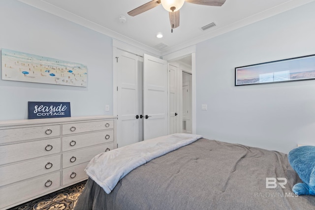 4029 Landfall Dr, Pensacola, FL 32507 - bedroom with a ceiling fan, crown molding, and visible vents