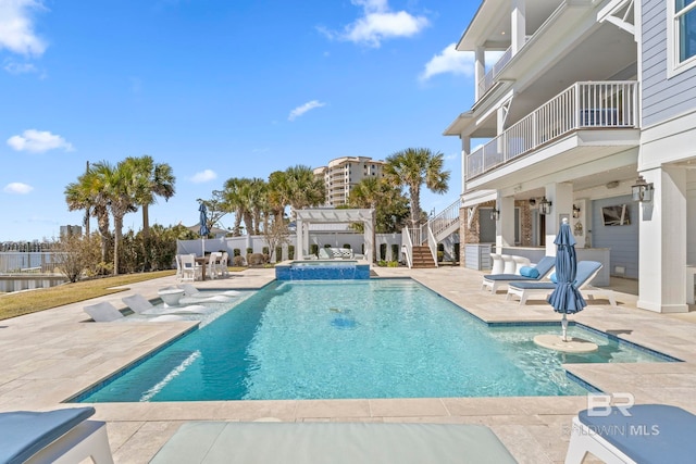 4029 Landfall Dr, Pensacola, FL 32507 - view of pool featuring a pergola, a pool with connected hot tub, a patio area, and stairway