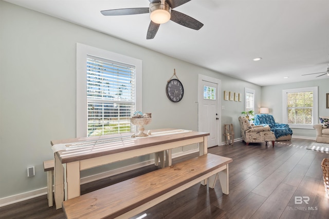 dining space featuring recessed lighting, baseboards, ceiling fan, and dark wood-style flooring