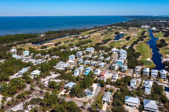 bird's eye view with a residential view, golf course view, and a water view