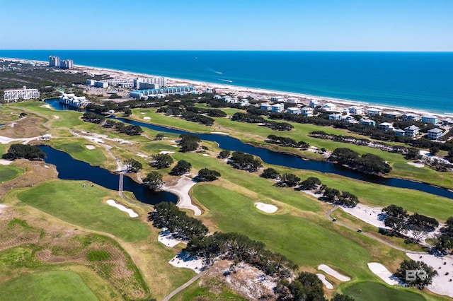 aerial view with view of golf course and a water view