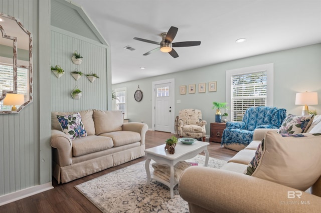 living room featuring visible vents, recessed lighting, a ceiling fan, and wood finished floors