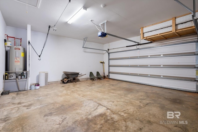 garage featuring a garage door opener and water heater