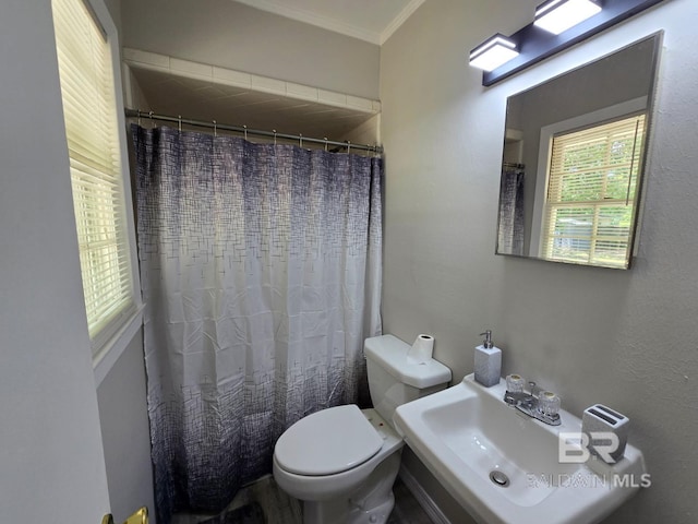 114 Spruce Ave, Brewton, AL 36426 - full bathroom with ornamental molding, toilet, curtained shower, and a sink