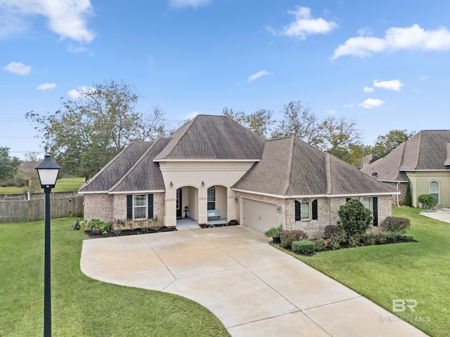 view of front of home featuring a front yard and a garage