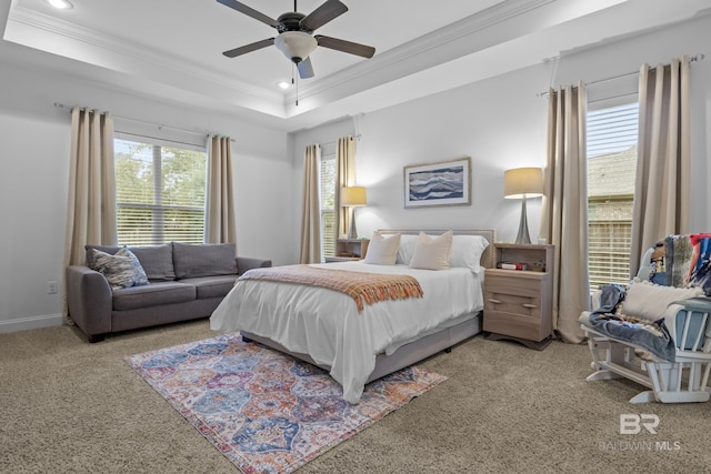 carpeted bedroom with ceiling fan, a raised ceiling, and crown molding