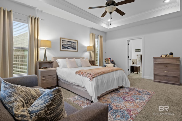 carpeted bedroom with a tray ceiling, multiple windows, crown molding, and ceiling fan