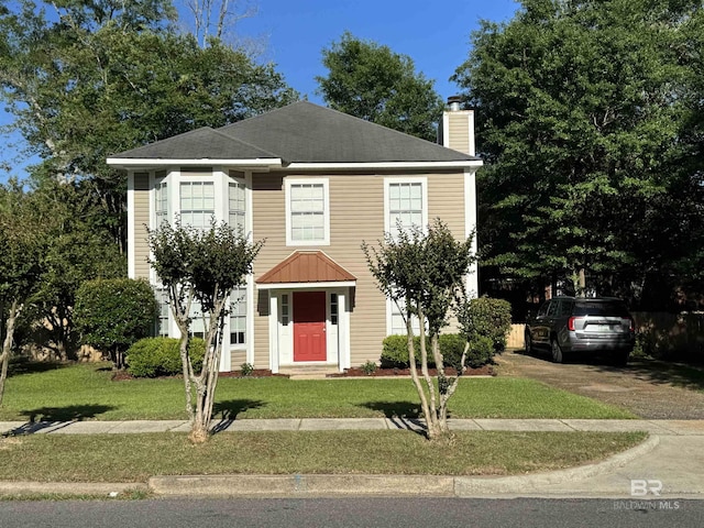 colonial-style house featuring a front yard and a chimney