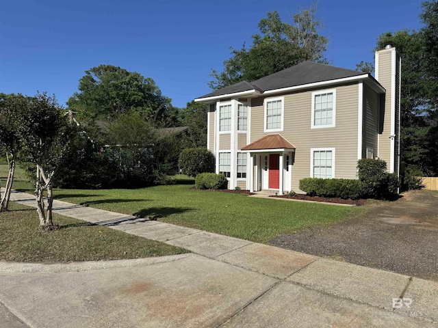view of front of house with a chimney and a front lawn