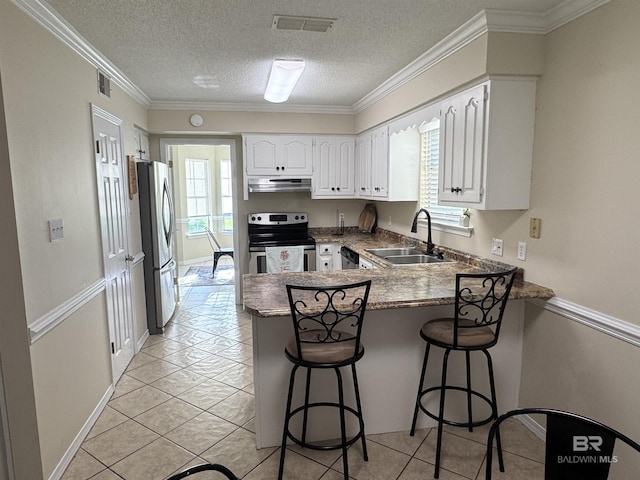 kitchen featuring visible vents, a peninsula, under cabinet range hood, a sink, and stainless steel appliances
