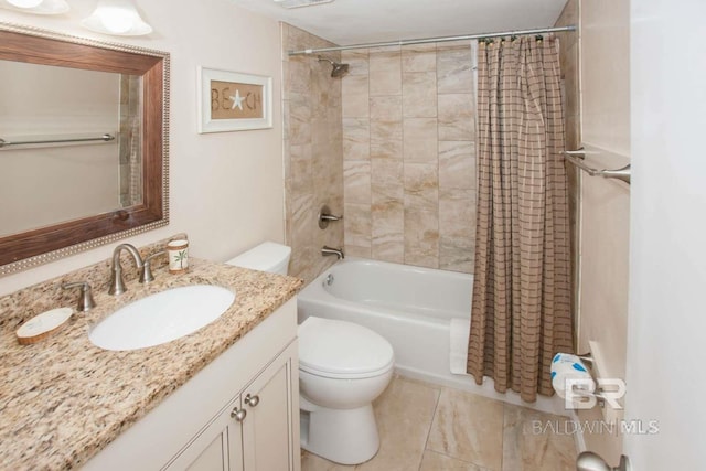 full bathroom with toilet, tile flooring, shower / bathtub combination with curtain, and vanity