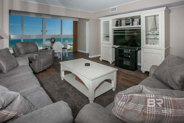 living room with a water view and dark hardwood / wood-style floors