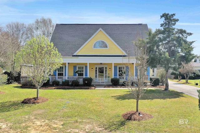 view of front of house featuring covered porch, a front lawn, and roof with shingles