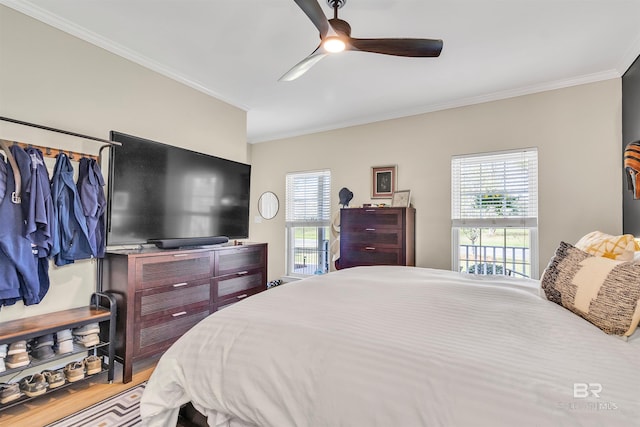 bedroom featuring wood finished floors, multiple windows, ornamental molding, and a ceiling fan