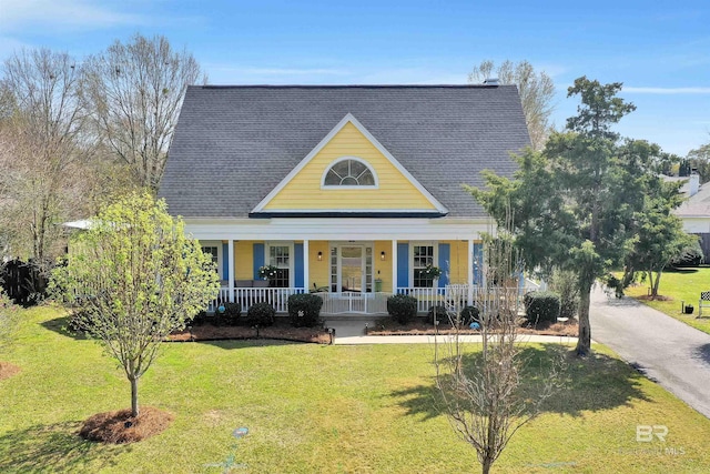 view of front of house with a porch, a front lawn, and a shingled roof