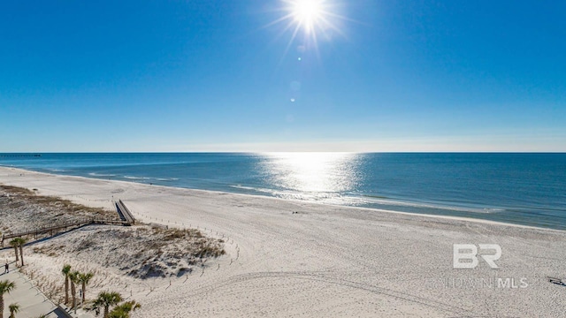 view of water feature with a beach view