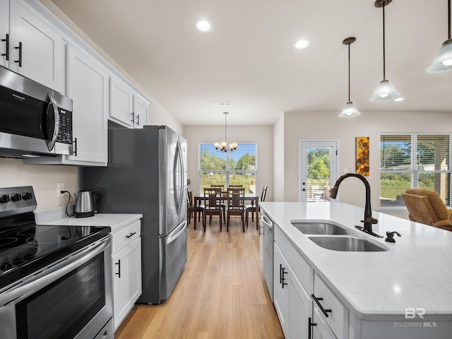 kitchen featuring appliances with stainless steel finishes, sink, pendant lighting, a center island with sink, and white cabinetry