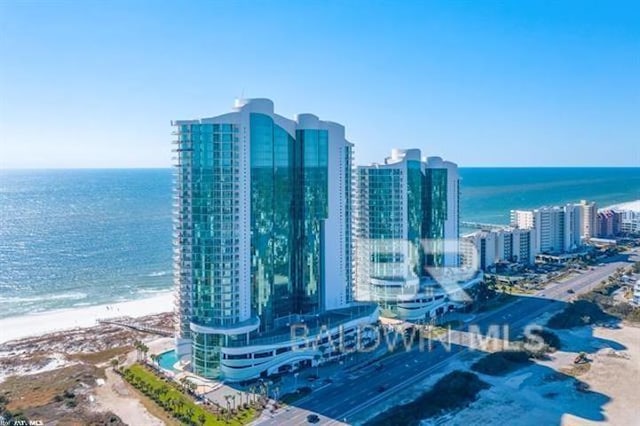 bird's eye view with a water view and a beach view