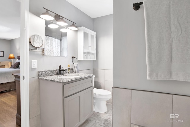 ensuite bathroom featuring toilet, connected bathroom, and vanity