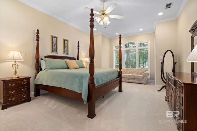 9330 Timbercreek Blvd, Daphne, AL 36527 - bedroom featuring light carpet, baseboards, recessed lighting, crown molding, and ceiling fan