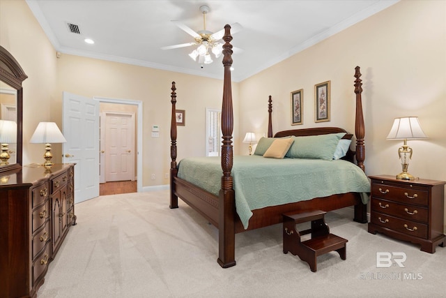 9330 Timbercreek Blvd, Daphne, AL 36527 - bedroom with light colored carpet, crown molding, baseboards, a ceiling fan, and recessed lighting