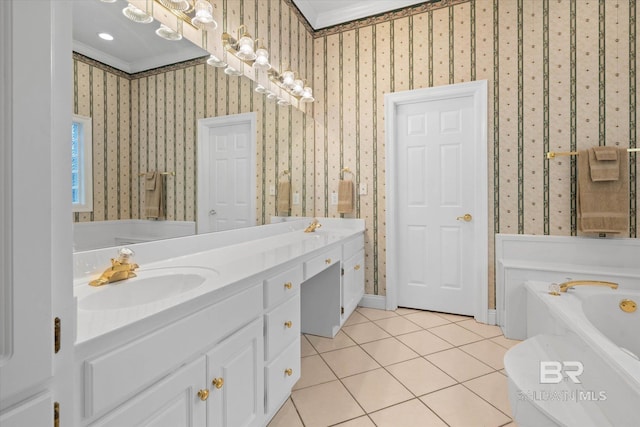 9330 Timbercreek Blvd, Daphne, AL 36527 - full bath featuring wallpapered walls, ornamental molding, tile patterned floors, a garden tub, and double vanity