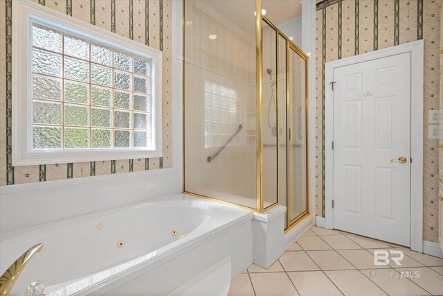 9330 Timbercreek Blvd, Daphne, AL 36527 - full bathroom featuring tile patterned floors, wallpapered walls, a stall shower, a tub with jets, and baseboards