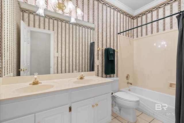 9330 Timbercreek Blvd, Daphne, AL 36527 - bathroom with ornamental molding, tile patterned flooring, toilet, wallpapered walls, and washtub / shower combination