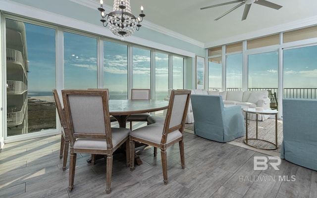 interior space featuring ceiling fan with notable chandelier