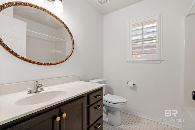 bathroom with visible vents, baseboards, toilet, tile patterned floors, and vanity