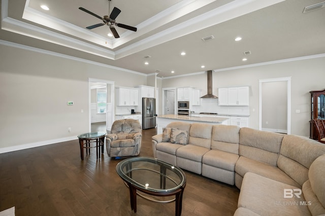 9377 Diamante Blvd, Daphne, AL 36526 - living area with visible vents, dark wood-style flooring, ornamental molding, and ceiling fan