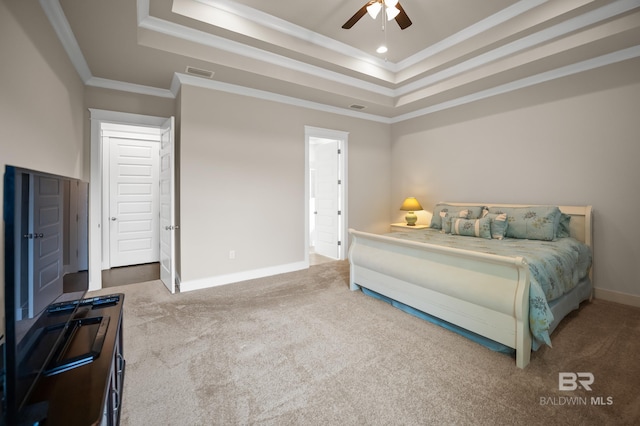9377 Diamante Blvd, Daphne, AL 36526 - carpeted bedroom featuring a tray ceiling, ornamental molding, visible vents, recessed lighting, and baseboards