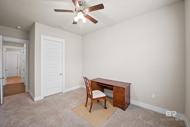 9377 Diamante Blvd, Daphne, AL 36526 - office area with visible vents, baseboards, a ceiling fan, and carpet flooring