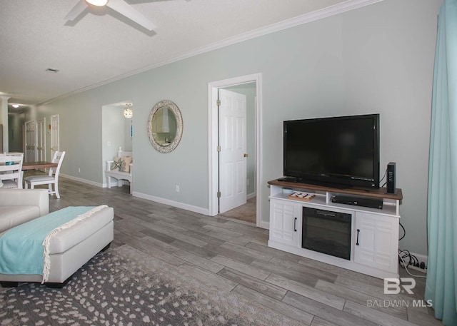 living room with ornamental molding, ceiling fan, and light wood-type flooring