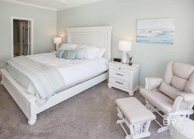 carpeted bedroom with crown molding