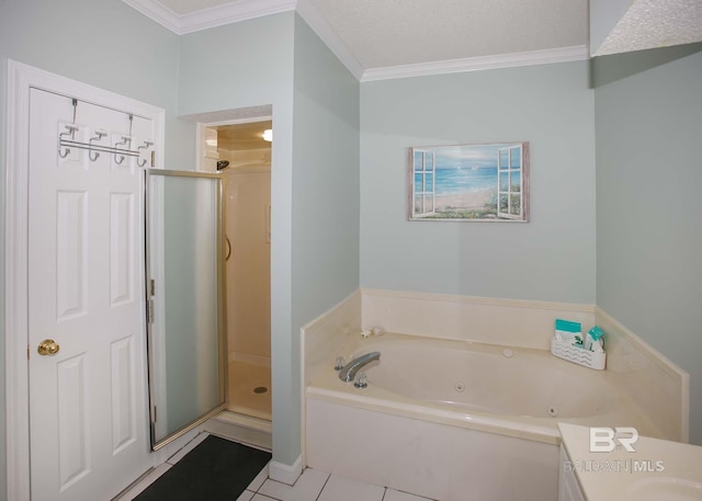 bathroom with tile patterned flooring, crown molding, plus walk in shower, and a textured ceiling