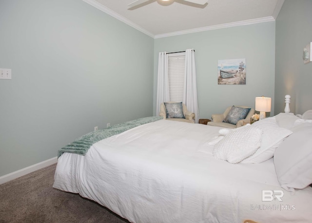 bedroom with ornamental molding, ceiling fan, and carpet flooring