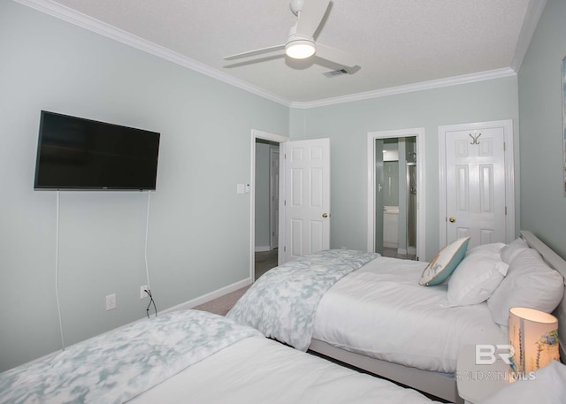 bedroom with ensuite bathroom, ceiling fan, carpet flooring, and ornamental molding