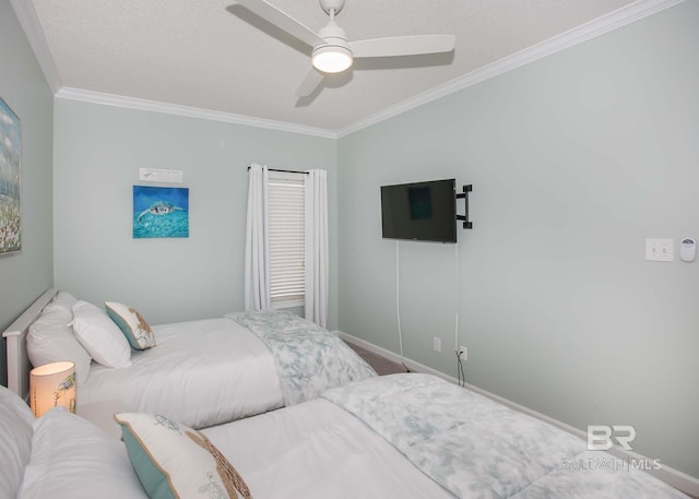 bedroom with ceiling fan and ornamental molding