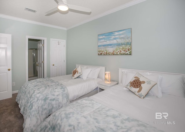 bedroom featuring ornamental molding, carpet, and ceiling fan