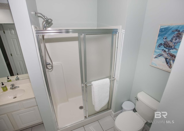 bathroom featuring vanity, walk in shower, toilet, and tile patterned floors