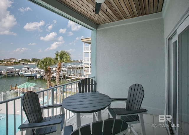 balcony with a water view and a dock