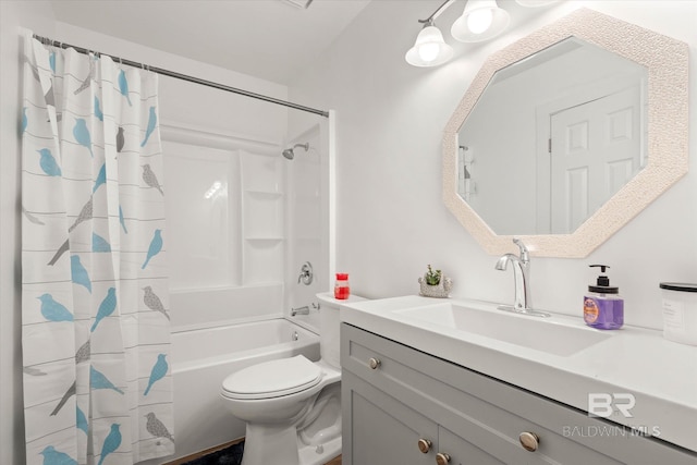full bath featuring toilet, vanity, and shower / bathtub combination with curtain