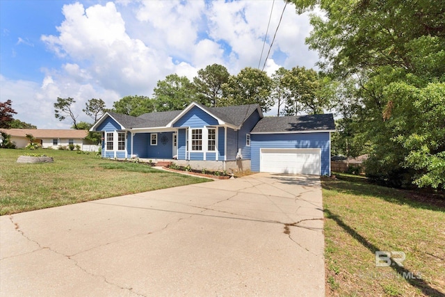single story home with covered porch, concrete driveway, a garage, and a front lawn