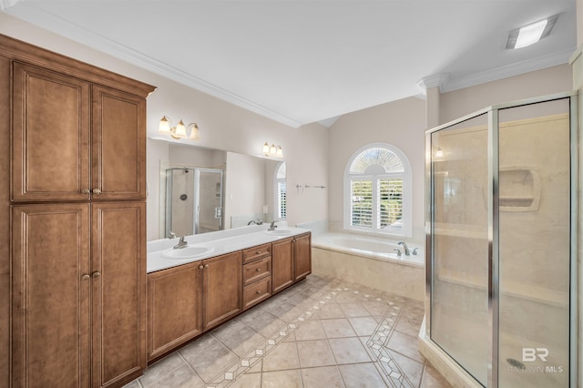 bathroom featuring a stall shower, a sink, double vanity, and a bath